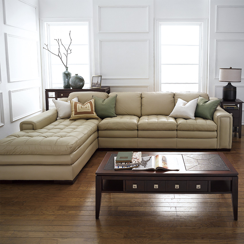 <b>7491-Ivory</b> Leather Chaise Sofa