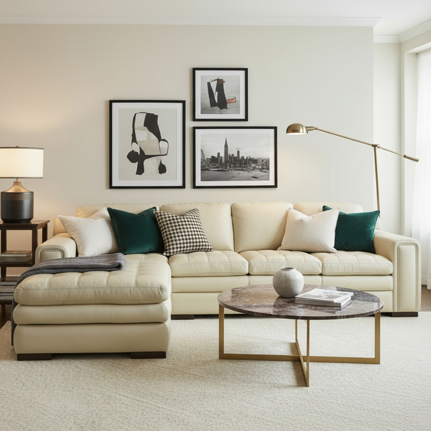 <b>7491-Ivory</b> Leather Chaise Sofa