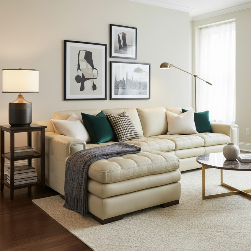 <b>7491-Ivory</b> Leather Chaise Sofa