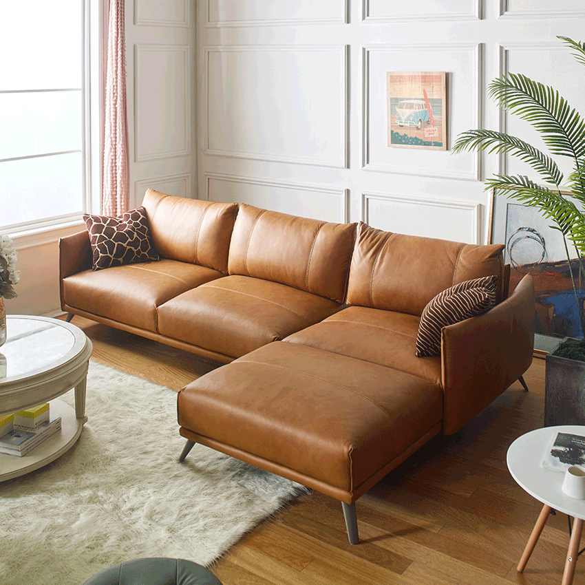  10452ML Tan-Chaise  Leather Sofa
